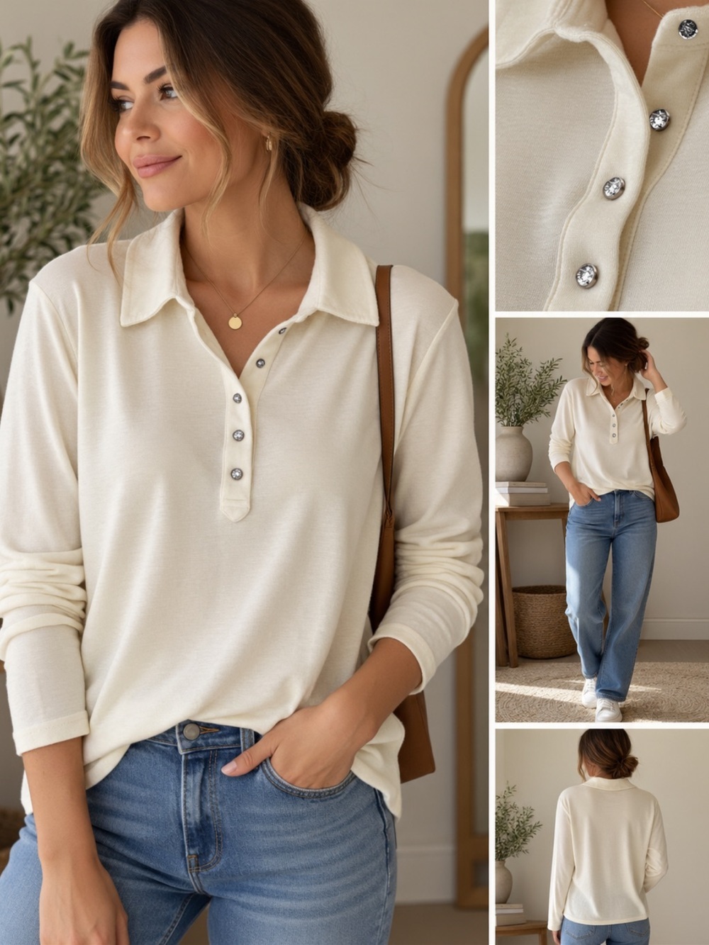 Josephine Chaus Sport XL Cream 100% Cotton Rhinestone Button Long Sleeve Polo
